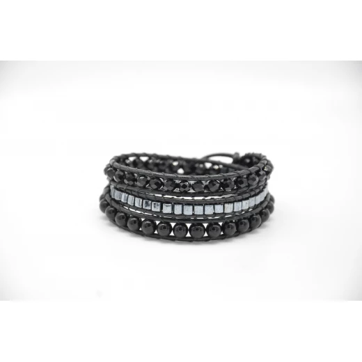 Women’s Handmade 3-Strand Black Leather Wrap Bracelet with Onyx & Japanese cubes Beads Women’s Handmade 3-Strand Black Leather Wrap Bracelet with Onyx & Japanese cubes Beads