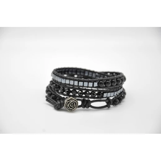 Women’s Handmade 3-Strand Black Leather Wrap Bracelet with Onyx & Japanese cubes Beads - Tuleen Accesorios - Image 2