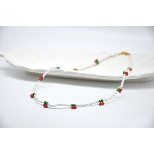 Cherry necklace, fruit choker, handmade beaded necklace, cute summer jewelry, seed bead choker, cherry bead necklace, gifts for her - Tuleen Accesorios - Image 4