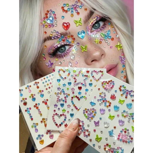Random Colorful Self-Adhesive Face & Body Gem Stickers – 3 Sheets Together - Image 2