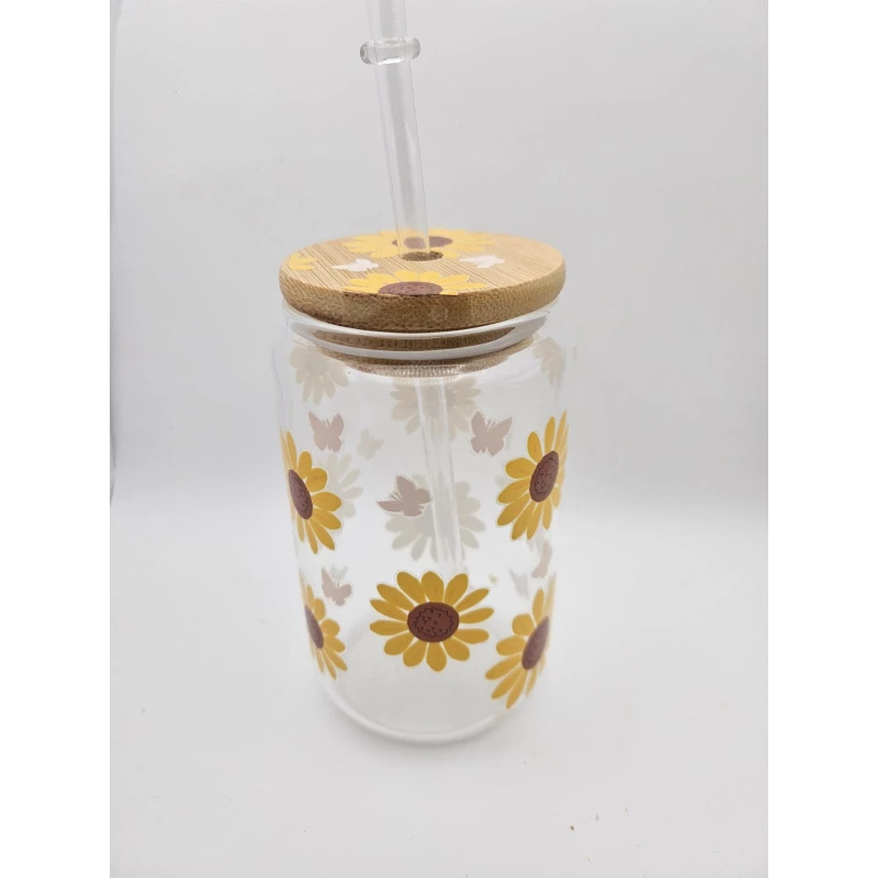 Timeless Gifts, a transparent glass cup with a Sunflower Design, 300 ml, 1 piece. - Timeless gifts