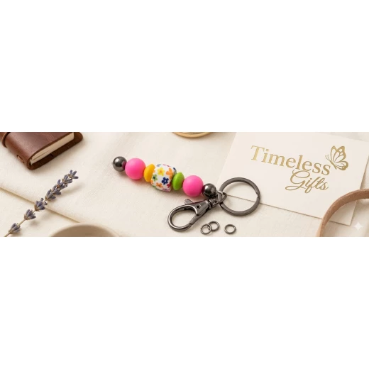 A keychain decorated with beads and a delicate in an elegant design A keychain decorated with beads and a delicate in an elegant design