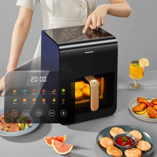 قلاية هوائية باناسونيك NF-CC600AXC مع نافذة عرض، سعة 6 لتر، درجة حرارة من 80 إلى 200 درجة مئوية، مؤقت رقمي وشاشة LCD، بخار لطيف، 11 برنامجًا مسبقًا، سهلة التنظيف، باللون الأسود/الأزرق الداكن مع مقبض ذهبي وردي، ضمان لمدة سنة واحدة - باناسونيك - Image 16