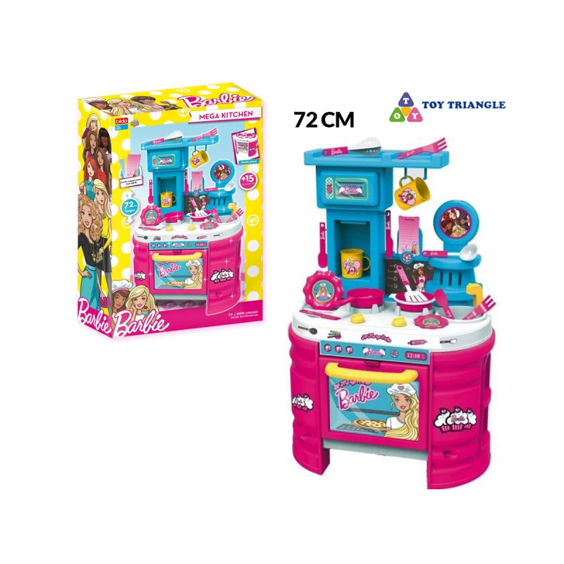Toytriangle Barbie Mega Kitchen 50 x 20 x 75 cm hob, oven, plates, cups, pot, pan, and kitchen utensils. - Toytriangle