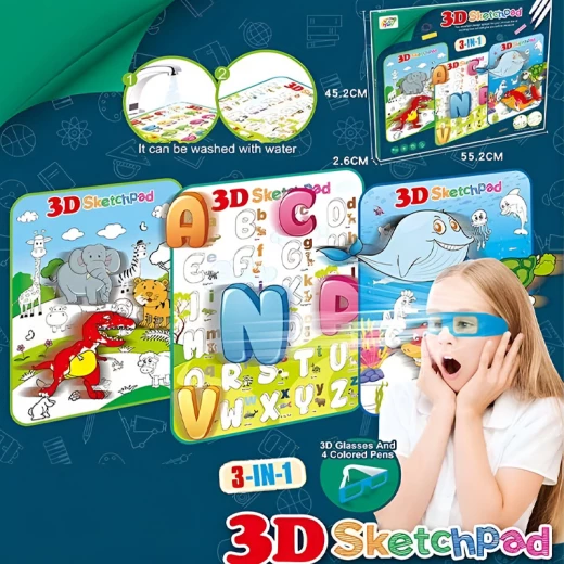 لوحة رسم ثلاثية الأبعاد 3 في 1 مع نظارات ثلاثية الأبعاد و4 أقلام ملونة (YM832) 3 تصميمات مختلفة للأطفال من سن 3 سنوات فما فوق - ألعاب ار اس - Image 3