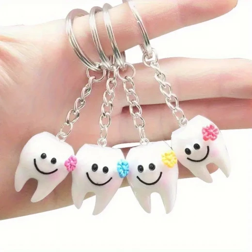 Cute Tooth-Shaped Keychains - Resin joyful Face & Flower Decor Key Rings - Rs Toys - Image 3