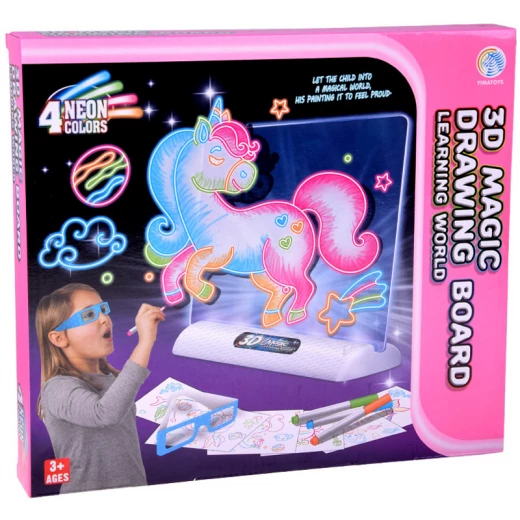 Unicorn 3D Magic Drawing Board with LED Backlight - Includes 4 Neon Markers, Drawing Templates & 3D Glasses (Age 3+) - Rs Toys - Image 2