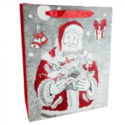 Christmas Gift Cardboard Bag – Santa with Gifts Theme with Spotted Glitter – Size 31.5 × 11.5 × 26.5 cm (Santa-4)