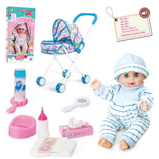 Sweet Baby Interactive Doll Playset 33cm with Metal Stroller, 12 Sounds, Feeding, Pee & Sleeping Functions, Baby Care Accessories Included, Baby Doll Toy for Girls Age 3+ Sweet Baby Interactive Doll Playset 33cm with Metal Stroller, 12 Sounds, Feeding, Pee & Sleeping Functions, Baby Care Accessories Included, Baby Doll Toy for Girls Age 3+