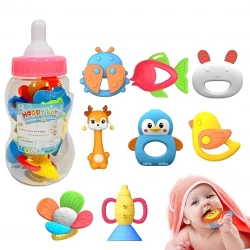 8-Piece Baby Rattles and Teething Toys Set for Newborns 0–12 Months, BPA-Free Infant Sensory Toys with Giant Baby Bottle, Safe Chewable Teethers
