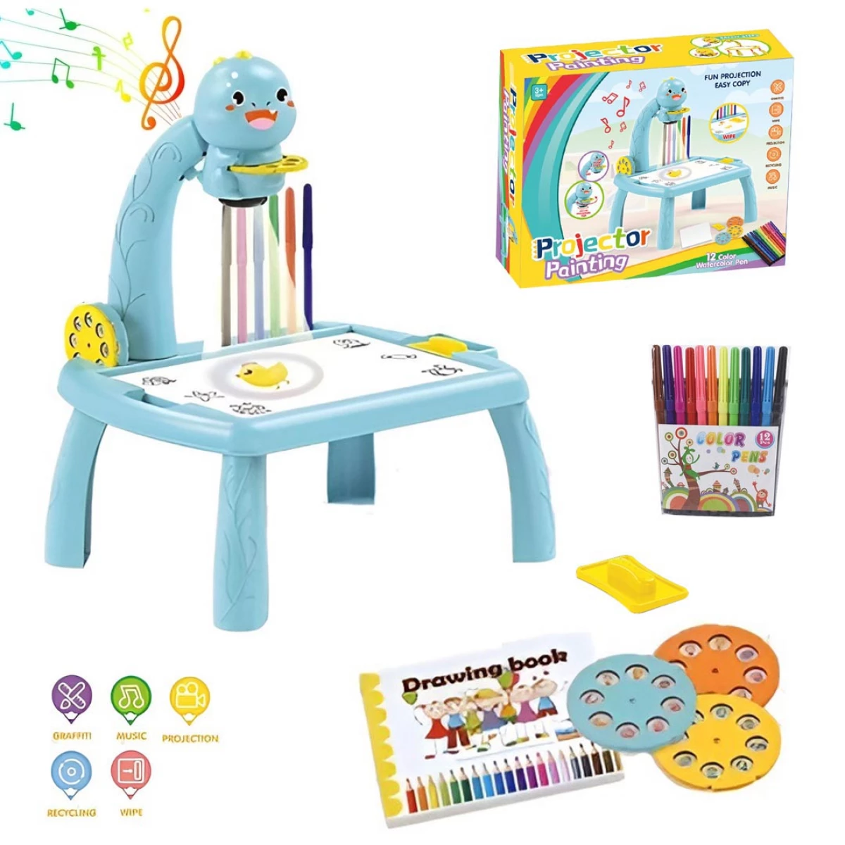Kids Drawing Projector Table with Music, 3 Slides with 24 Projection ...