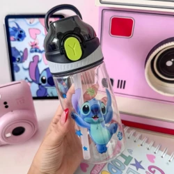 Summer Water Bottle Water Cup with Straw and Portable Handheld Stitch Character Design 500 ml BPA-free plastic, safe for children, Snap button with leak-proof lid  - Black (S60-20-RS)
