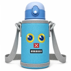 ILAHUI Kids Stainless Steel Vacuum Thermos Water Bottle 550 ml with Straw, Cup Lid, Safety Lock and Adjustable Carrying Sleeve , For hot & Cold Beverage- Baby Blue (68-67-RS)