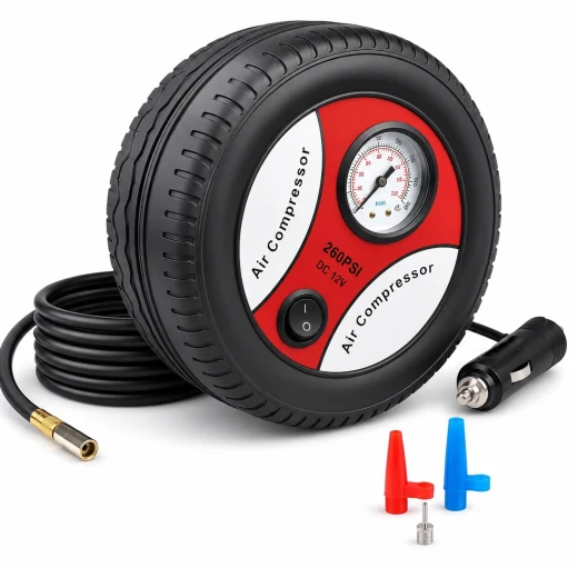 Portable Electric Car Air Compressor 260 PSI DC 12V with Built-in Pressure Gauge and 3 Nozzle Adapters for Car and Bicycle Tires Sports Balls Toys and Inflatables - Rs Toys - Image 2