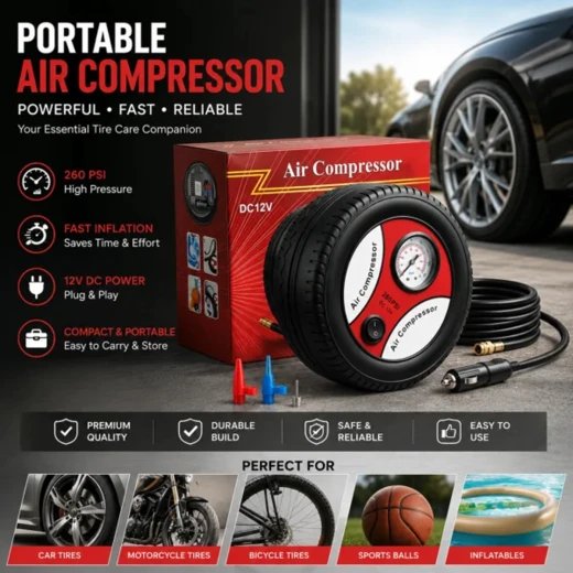 Portable Electric Car Air Compressor 260 PSI DC 12V with Built-in Pressure Gauge and 3 Nozzle Adapters for Car and Bicycle Tires Sports Balls Toys and Inflatables - Rs Toys - Image 5