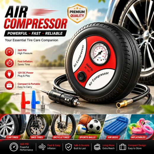 Portable Electric Car Air Compressor 260 PSI DC 12V with Built-in Pressure Gauge and 3 Nozzle Adapters for Car and Bicycle Tires Sports Balls Toys and Inflatables - Rs Toys - Image 6