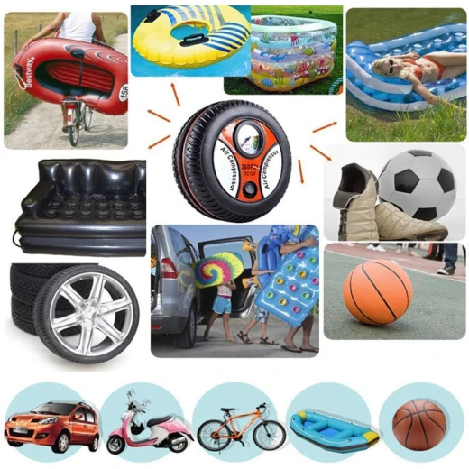 Portable Electric Car Air Compressor 260 PSI DC 12V with Built-in Pressure Gauge and 3 Nozzle Adapters for Car and Bicycle Tires Sports Balls Toys and Inflatables - Rs Toys - Image 9