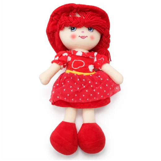 Flouna Soft Stuffed Plush Doll Toy with Red Braided Hair, Heart Dress & Lace Skirt, 40 cm – Red - Rs Toys - Image 2