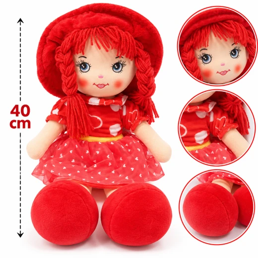 Flouna Soft Stuffed Plush Doll Toy with Red Braided Hair, Heart Dress & Lace Skirt, 40 cm – Red - Rs Toys - Image 4