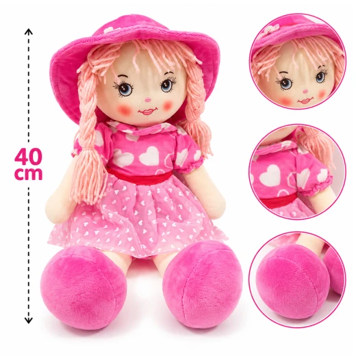 Flouna Soft Stuffed Plush Doll Toy with Pink Braided Hair, Heart Dress & Lace Skirt, 40 cm - Pink - Rs Toys - Image 4