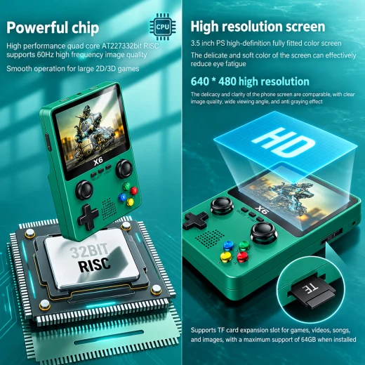 X6 Portable Game Console with 3.5-Inch Display Dual 3D Joysticks Support for 10,000+ Games MicroSD up to 64GB and TV Connection (X6) - Rs Toys - Image 5