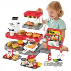 Pretend Play Fast Food Store Toy with Realistic Coffee Machine Card Reader Food Shop Play set with Simulate Hamburger Chips Sandwich etc Play Money Checkout Game for Kids 71 Pcs (668-140-RS)