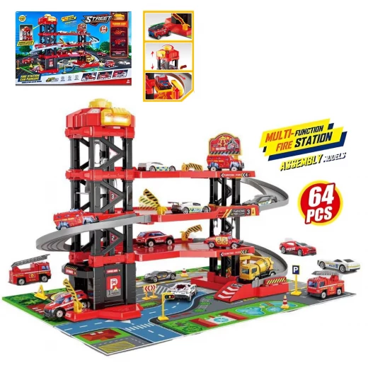 Fire Truck Parking Garage Toy with Lift – 4-Storey City Ramp Track, Lights & Music, 3 Alloy Cars, 64 Pieces, Age 3+ Fire Truck Parking Garage Toy with Lift – 4-Storey City Ramp Track, Lights & Music, 3 Alloy Cars, 64 Pieces, Age 3+