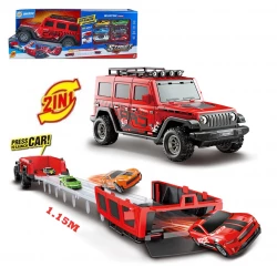 2-in-1 Off-Road Deformer Toy Set - 1.15m Folding Car Launcher Track with Music & Lights, Includes 6 Alloy Cars - Foldable 2-Layer Carrier Truck for Ages 3+