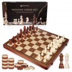 2-in-1 Magnetic Wooden Chess and Checker Set, 38cm Foldable Chess Board with Slots for Piece Storage, Includes 2 Extra Queens, Portable Travel Chess Set Suitable for Kids, Adults, and Beginners Ages 6+