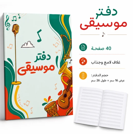 دفتر موسيقى، 40 صفحة بخطوط موسيقية مطبوعة، غلاف لامع بتصميم موسيقي، مقاس 16 × 26 سم (-503) - ألعاب ار اس - Image 3