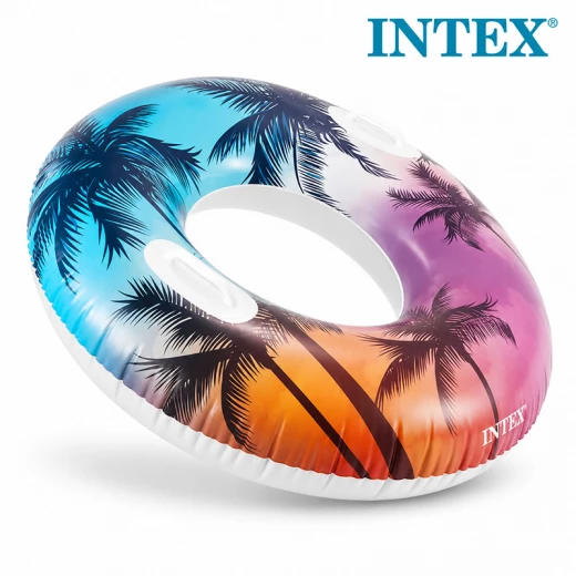 Intex Inflatable Swim Ring with Tropical Palm Tree or Colorful Feather Design and Handles – 97cm Diameter – Supports up to 80kg – Age 9+ Intex Inflatable Swim Ring with Tropical Palm Tree or Colorful Feather Design and Handles – 97cm Diameter – Supports up to 80kg – Age 9+