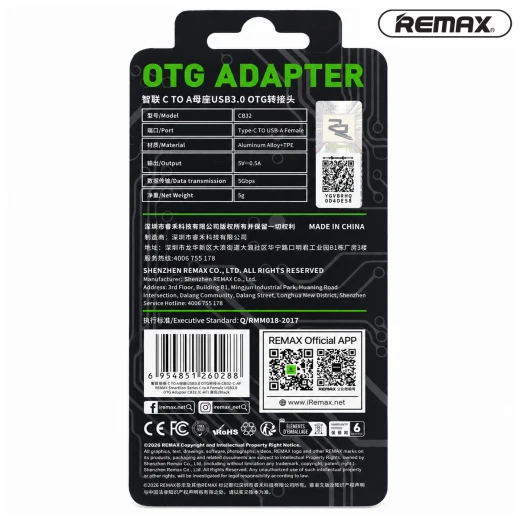 REMAX Type-C to USB-A Female OTG Adapter with USB 3.0 5Gbps Data Transfer 30W Power Support Aluminum Alloy Compact Converter for Smartphones Tablets and Laptops CB32 (C-AF) - Rs Toys - Image 3