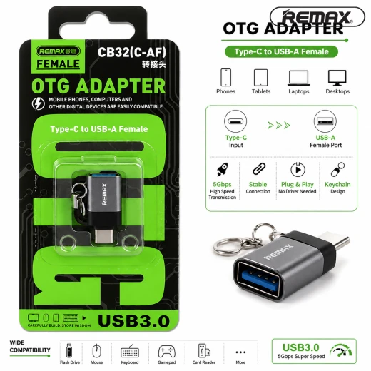REMAX Type-C to USB-A Female OTG Adapter with USB 3.0 5Gbps Data Transfer 30W Power Support Aluminum Alloy Compact Converter for Smartphones Tablets and Laptops CB32 (C-AF) - Rs Toys - Image 5