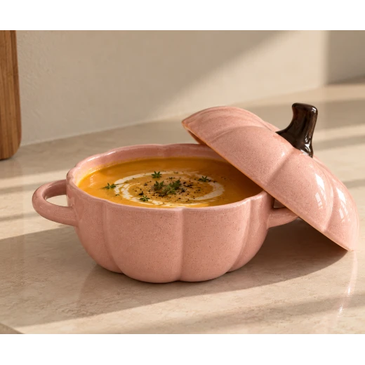 وعاء شوربة بورسلين شكل يقطينة وردي بغطاء وقواعد حمل - طاسة تقديم حلويات وحساء بتصميم خريفي راقي وأنيق للمائدة والضيافة - لوجين هوم - Image 2
