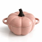 وعاء شوربة بورسلين شكل يقطينة وردي بغطاء وقواعد حمل - طاسة تقديم حلويات وحساء بتصميم خريفي راقي وأنيق للمائدة والضيافة - لوجين هوم