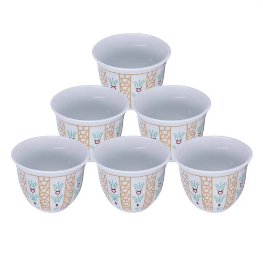 CMP Arabic Coffee Cup Set, 100ml White with yellow motifs Porcelain, Traditional Palm Leaf Design, Elegant & Durable for Daily Use CMP Arabic Coffee Cup Set, 100ml White with yellow motifs Porcelain, Traditional Palm Leaf Design, Elegant & Durable for Daily Use