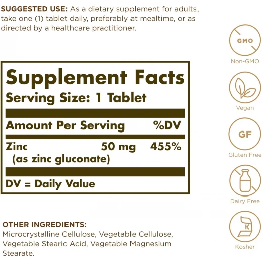 Solgar Zinc 50mg – 100 Tablets – Immune Support & Antioxidant Zinc Supplement for Healthy Skin, Vision & Taste – Vegan, Non-GMO & Gluten Free - Solgar - Image 2