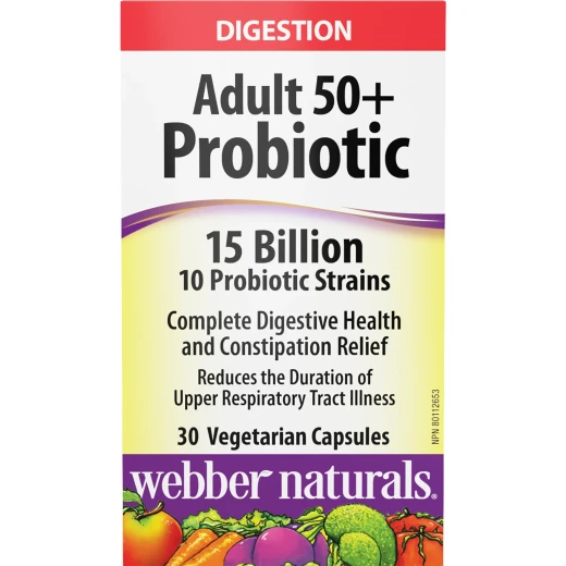 Webber Naturals Adult 50+ Probiotic 15 Billion – 30 Vegetarian Capsules – 10 Probiotic Strains for Digestive & Gut Health Support for Adults 50+ Webber Naturals Adult 50+ Probiotic 15 Billion – 30 Vegetarian Capsules – 10 Probiotic Strains for Digestive & Gut Health Support for Adults 50+