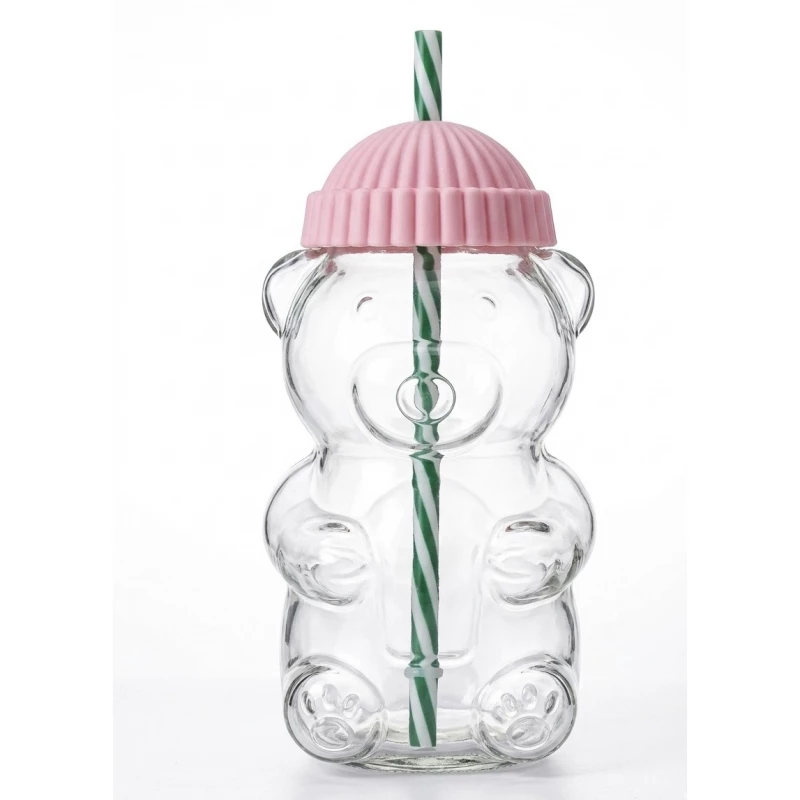 Bear Glass Cup with Straw & Lid 400ml – Cute Bear Shape Drinking Glass for Iced Coffee, Juice, Smoothies & Tea, Reusable Straw with Practical Lid, Stylish Aesthetic Gift Cup for Daily Use - Maya
