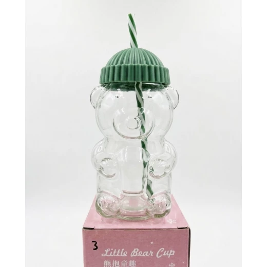 Bear Glass Cup with Straw & Lid 400ml – Cute Bear Shape Drinking Glass for Iced Coffee, Juice, Smoothies &Tea, Reusable Straw with Practical Lid, Stylish Aesthetic Gift Cup for Daily Use