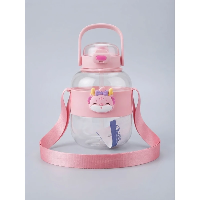 Cute Pink Dinosaur Kids Water Bottle 1200ml Large Capacity Plastic Drinkware with Straw and Adjustable Shoulder Strap Leak-Proof Ideal for School Sports Outdoor Activities Daily Use 1 Pack - Maya