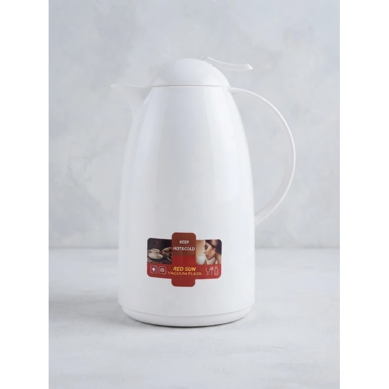Red Sun Vacuum Flask Insulated Thermal Carafe for Hot and Cold Beverages White One Liter Capacity Modern Design Coffee and Tea Pot for Home Office Daily Use Durable and Leakproof Serve - Maya
