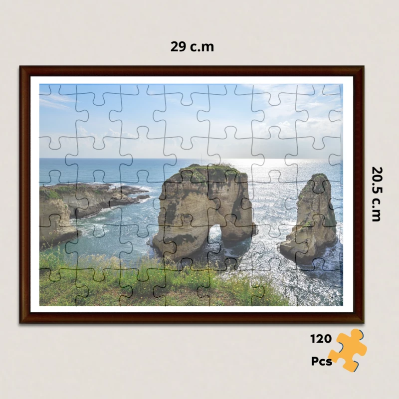 Raouche Rock Lebanon Puzzle, 120 Pieces with Glass Frame & Bilingual Story Card Iconic Landmark Jigsaw for All Ages - Folklore