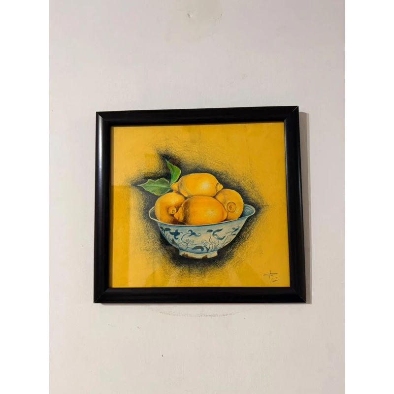 لوحة فنية يدوية لليمون 31×33 سم مرسومة بألوان الباستيل الزيتية على لوح كانسون مع إطار زجاجي وحواف خشبية" - اي اس ارت