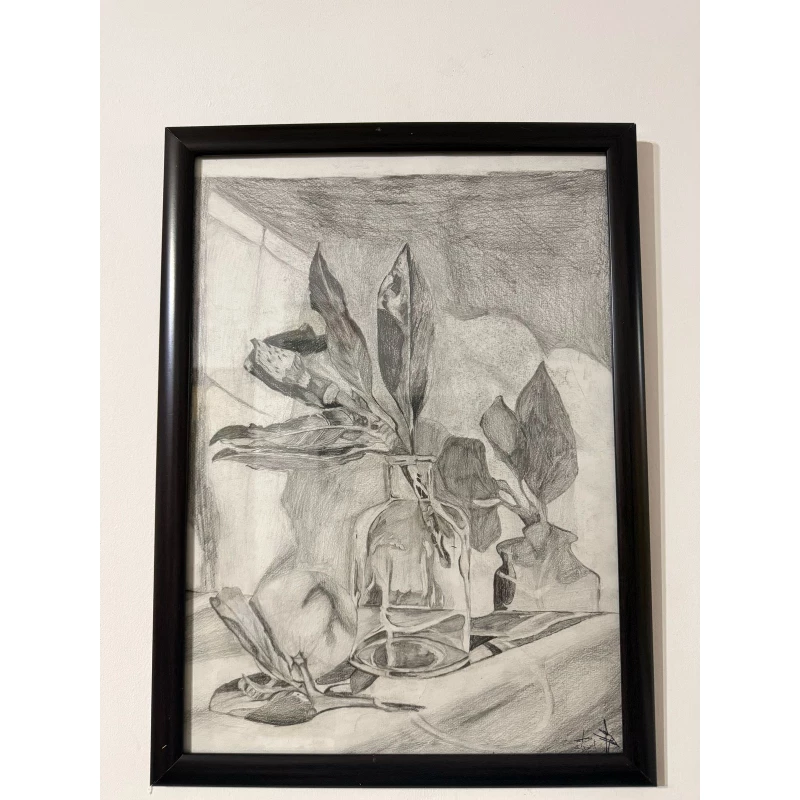 لوحة فنية رصاصية مرسومة يدويًا 50×37 سم بإطار زجاجي وأطراف خشبية - اي اس ارت