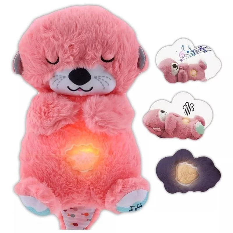 Sound and Light Smoothing Sound Otter Baby Put to Sleep Breathing Teddy Bear toy - 25 cm Rose Red - AS art