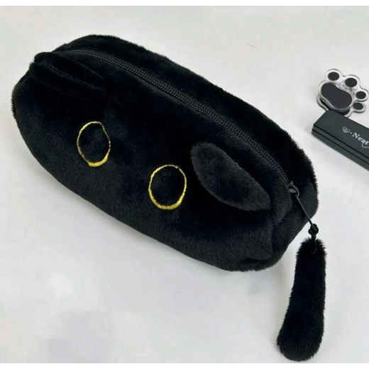 Black Plush Cat Pencil Case | Cute Cat Makeup & Accessories Pouch - AS art - Image 2
