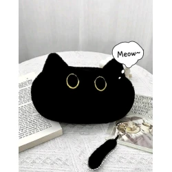 Black Plush Cat Pencil Case | Cute Cat Makeup & Accessories Pouch
