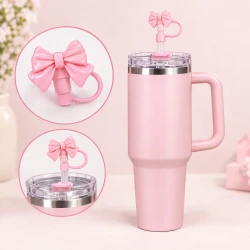 Pink Bow Straw with Straw Topper for 40 oz Stanley-Style Tumblers