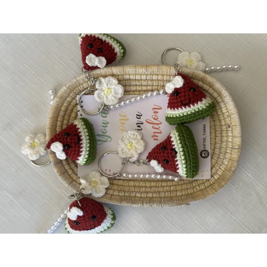Gifted Yarns Handcrafted Crochet Watermelon Keychain with Flower & Pearl Beads, Multicolor, 5 cm - Gifted yarns - Image 2